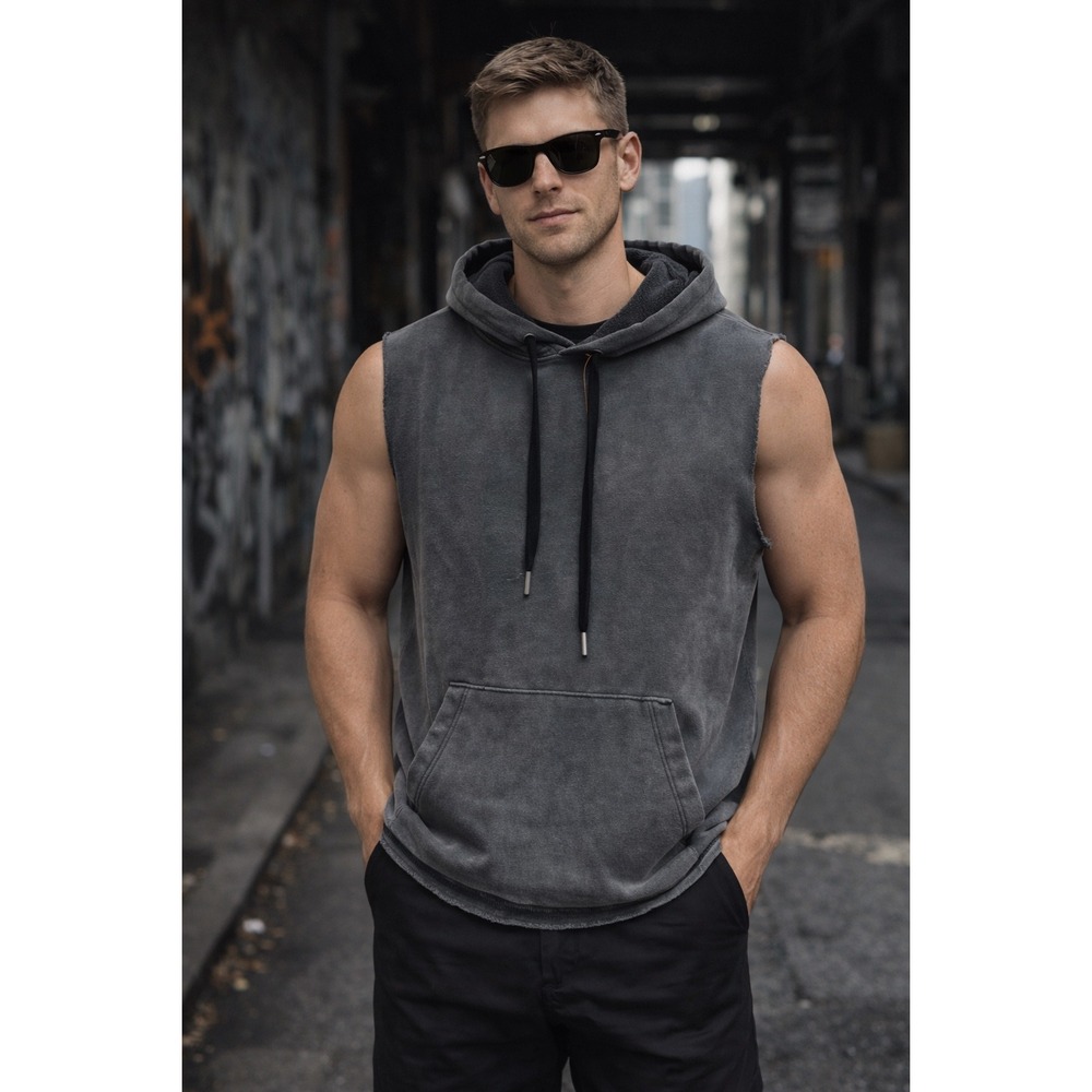 Venor Sleeveless Grunge Hoodie Gray Athleisure Gym Streetwear Raw Hem Cut Sz M